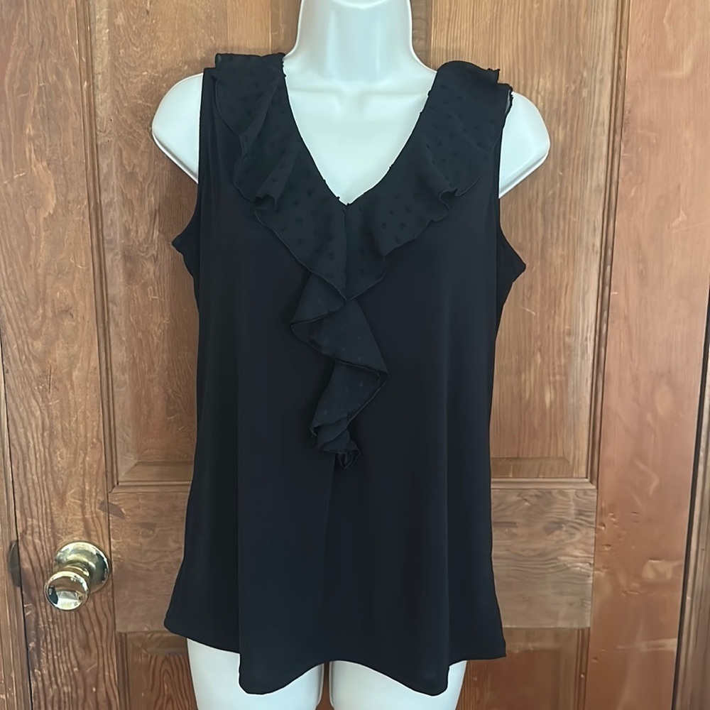 Adrianna Papell Sleeveless Clip Dot Ruffle Top Black Size Small